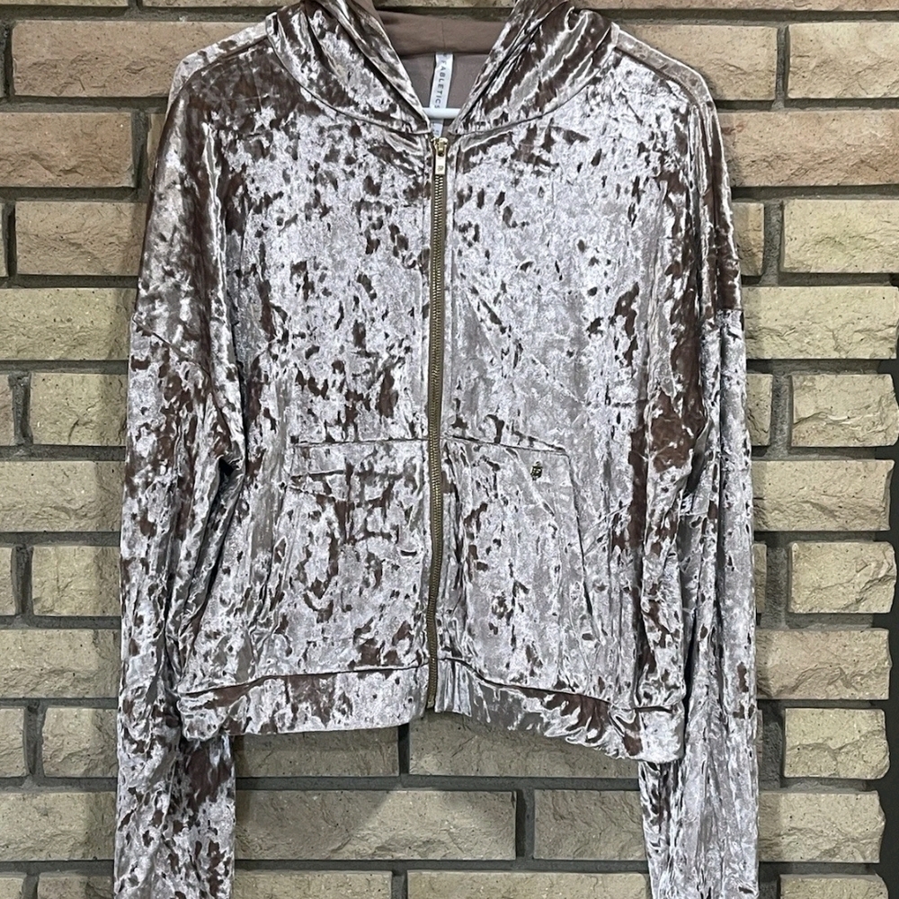 Fabletics Crushed Velvet Hoodie Hooded Jacket in Mocha Size L Large